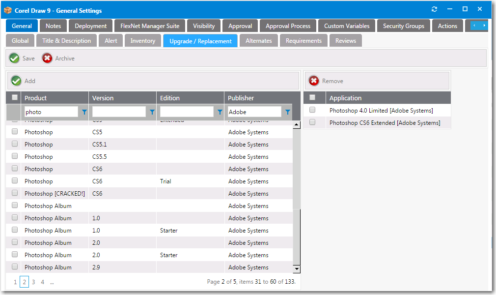 Catalog Item Properties Dialog Box / Upgrade/Replacement Tab