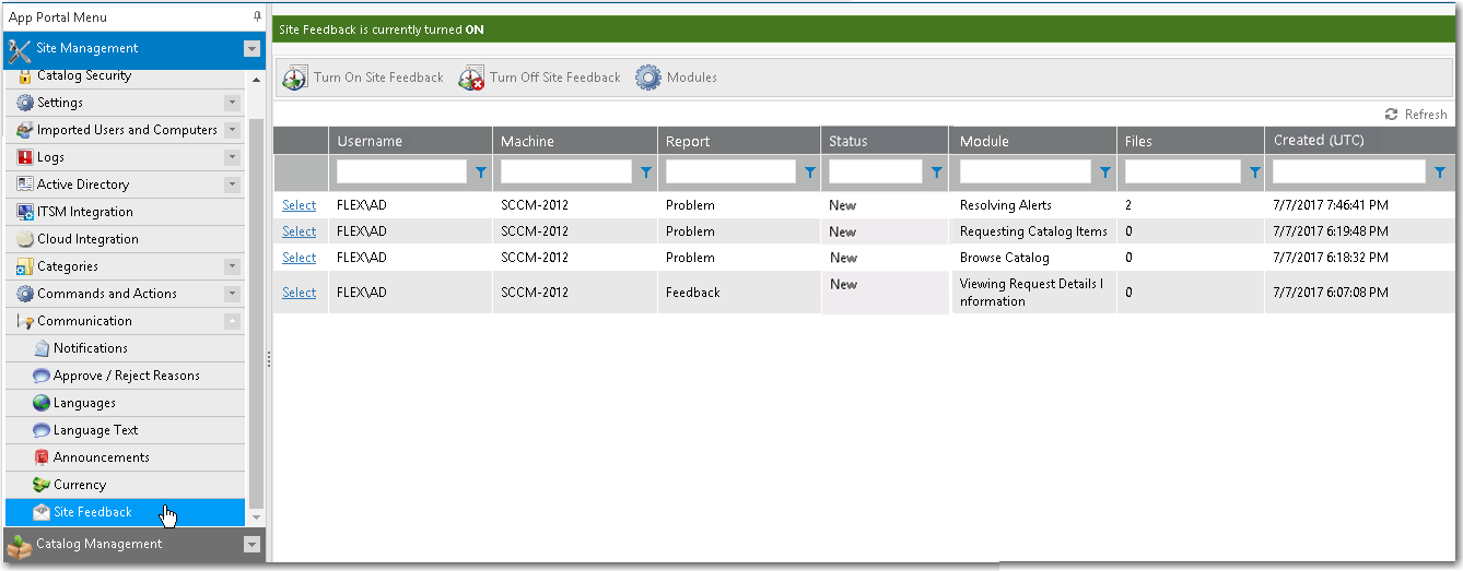 Communication > Site Feedback View